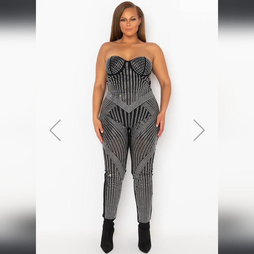 Akira Catch Up And Keep Up Black Jumpsuit Embellished With Rhinestones M.